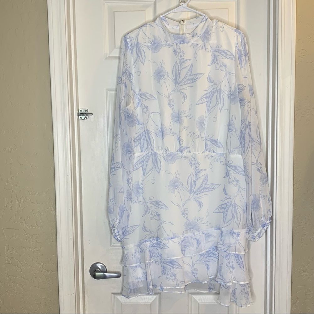 EXPRESS Blue and White Floral Tiered Ruffle Dress Size XL